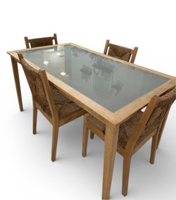 Wooden Dining Table w/ Glass Top + 4 Chairs