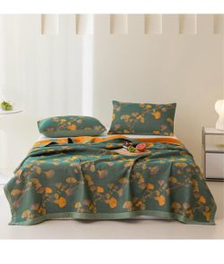 Reversible Ginkgo Quilt Lightweight Cotton Muslin Bedspread Soft Breathable Coverlet for All Season queen Size Bedding Machine Washable Quilted Throw