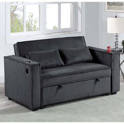 Corduroy Couch New In Box Black Color USB Port Cup Holders 