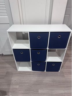 9 Cube Storage Organizer Shelf with 6 Navy Fabric Bins 35.75x11.5x36