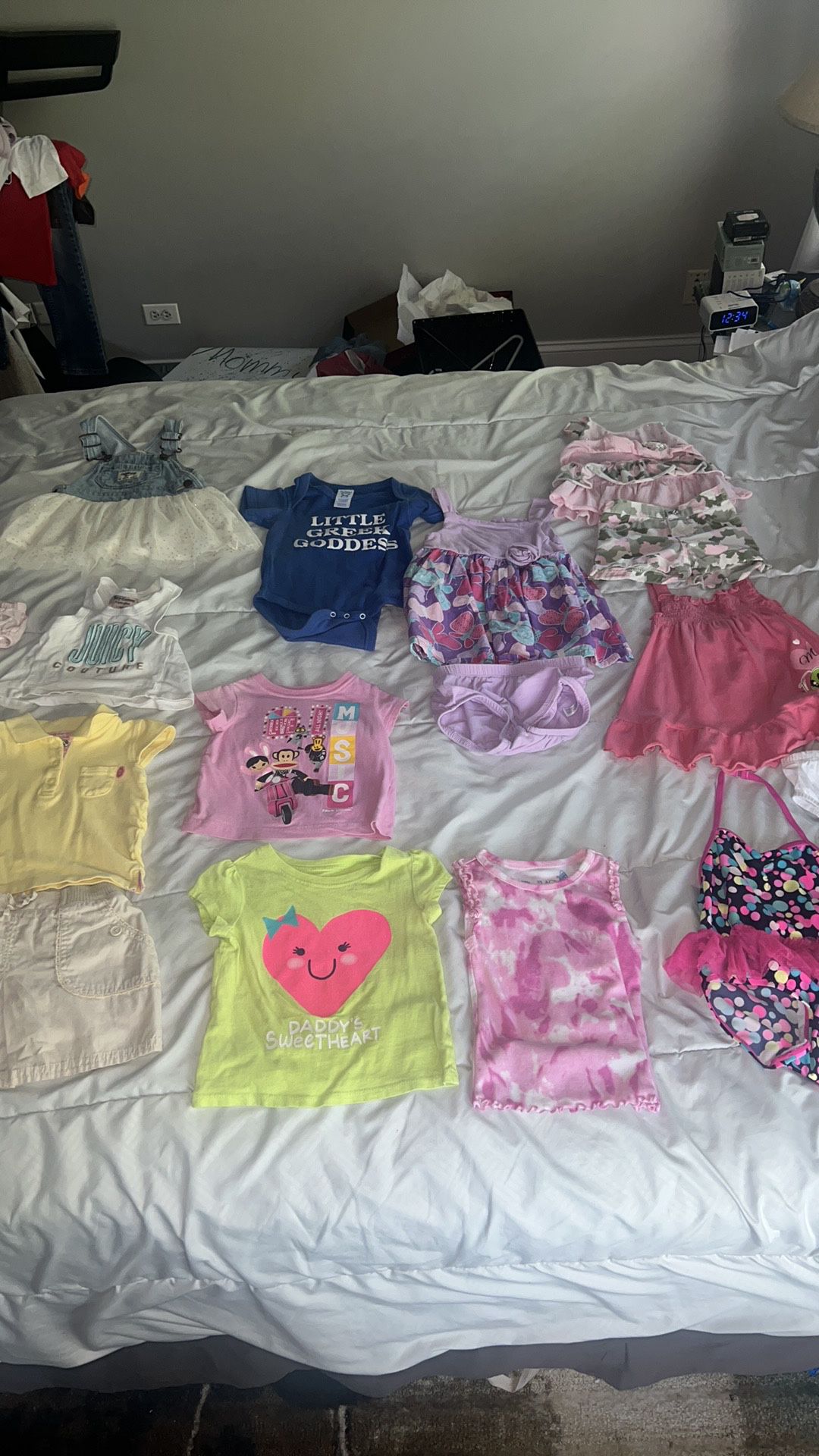 Baby girl clothes 12-18 months. Some have light stains - see pics. Koala bear purple diaper cover has stain. Lil Lass camo shirt has stain. Children’s