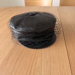 Dior Leather Veiled Beret Black Gold Logo w/ Box Size 59