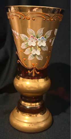 Vintage Bohemian Cranberry Glass Vase with 24K Gold Gilt & Raised Enamel Flowers - 6.5”