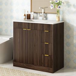 36 Inch Bathroom Vanity with Sink, Modern Fluted Bathroom Vanity with Sink with Adjustable Shelf and 2 Soft Closing Doors & 3 Drawers, Walnut  Upgrade