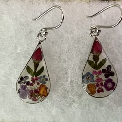 NEW Sterling Silver Pressed Flower Teardrop Earrings