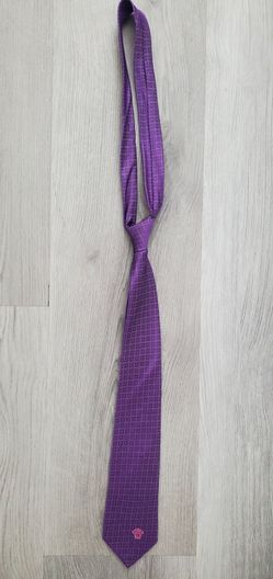 VERSACE Men's Silk Tie Purple Geometric Square Pattern Pink Medusa Logo Authentic