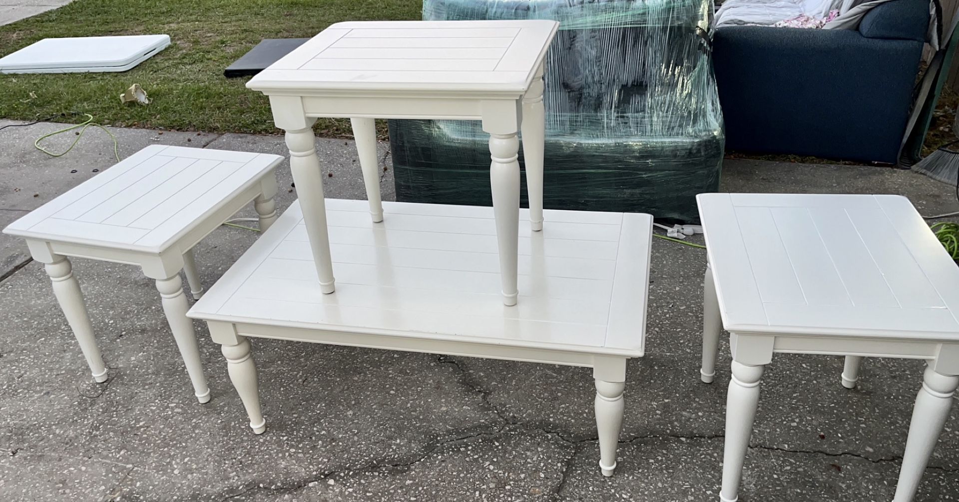 3 White End Tables And Coffee Table