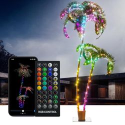 7Ft Lighted Palm Tree with 2 Trunks, 209 RGB LEDs, Prelit Fake Tree Lights, DIY 16 Mil. Color Changing, Music Sync, App & Remote Control, Outdoor Deco