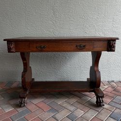 Antique 19th c English oak secretary desk on casters