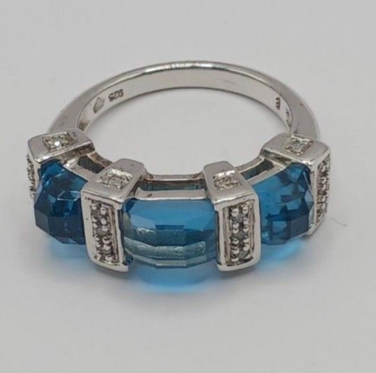 London Blue Topaz and Diamond Silver Ring, Size 8