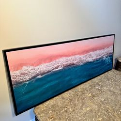 Framed Panoramic Ocean Canvas Wall Art – Aerial Beach Print, Black Frame