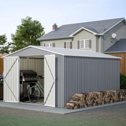 10 x 12 ft. Outdoor Storage Shed with Floor Frame Kit, Galvanized Steel Garden Shed, Metal ShedsGarden Tool Shed with Double Lockable Doors for Backya