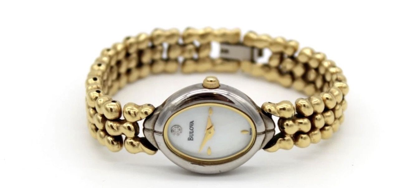 Bulova Ladies Watch 14K Gold Plated Diamond On Dial Oval Sz 5" 17x25mm