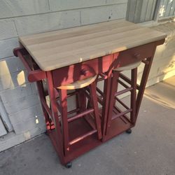 Rolling Kitchen island  With Pullout Table And Stools