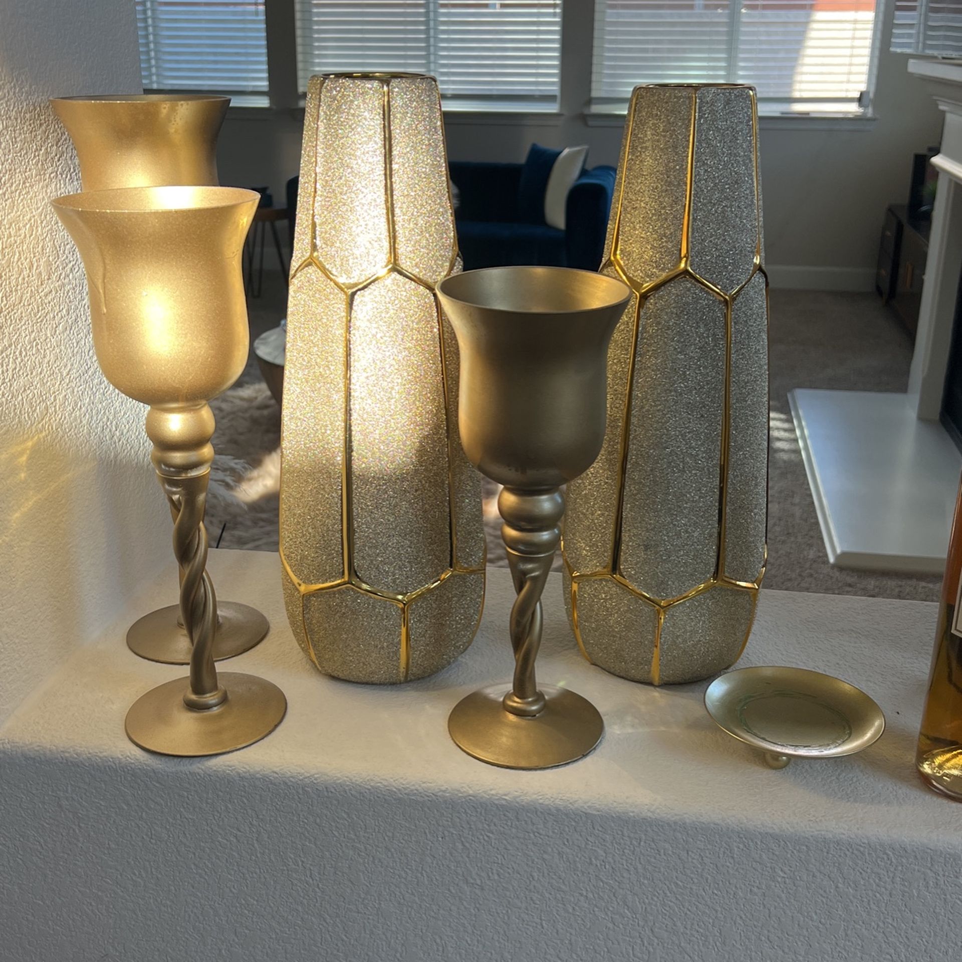 Candle Holders And Set Of 2 Gold Vase
