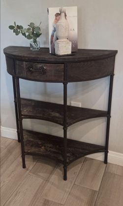 Small Rustic Wood Half-Moon Entryway Table.
29.5" W x 13"D x 31.5"H
Decor Not Included
$50