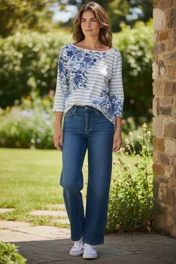 Talbots Blue Floral Stripe 3/4 Sleeve Boat Neck Top