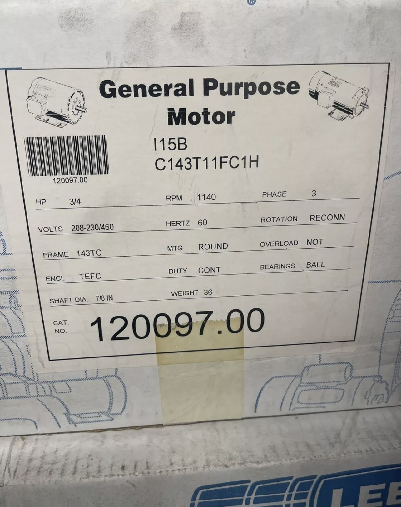 Leeson c143t11fc1h Electric Motor, 3/4 HP, 1140 RPM, 208-230/460 V, Shaft 7/8