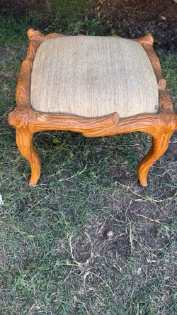 Hand Carved Rustic Log Style Wooden Footstool Ottoman Lodge Cabin Folk Art