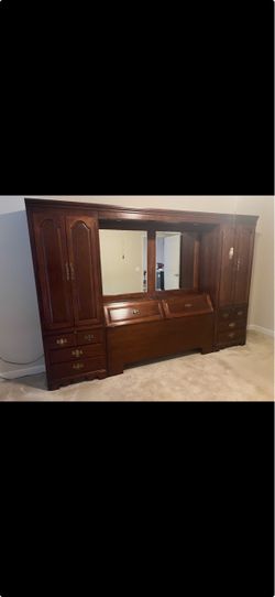 Vintage Thomasville Illuminated Cherry Queen Bed Unit Headboard, Bridge, Nightstand Armoires