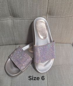 Silver Rhinestone Slide Sandals Size 6