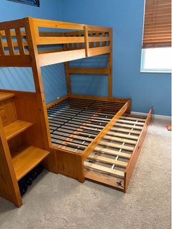 Wooden Bunk Bed with Stairs, Drawers, and Trundle