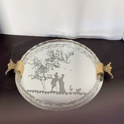 Antique Murano Venetian Glass Gold Speckled Rope Etched Mirror Tray