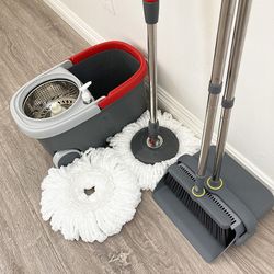 $35 New in box (Combo Set) Broom Dustpan & Spin Mop Wheels Extended Handle with 2pc Microfiber Mop Heads