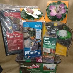 POND KIT..Pond Liner, Two(2) Pond Pumps, Tubing, Filter Box, Fountain Nozzle Kit