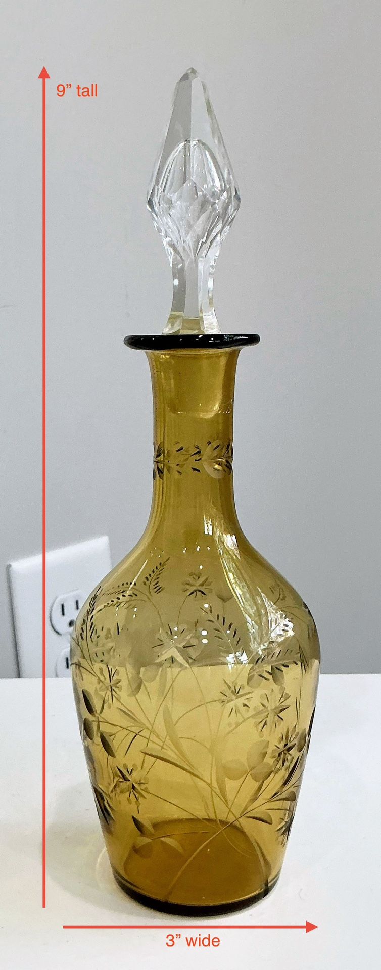 Vintage Amber Etched Glass Perfume Bottle with Clear Cut Glass Stopper