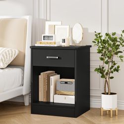 FOTOSOK Nightstand Set of 2 with Drawer and Storage Shelf | Black Night Stand Bedside Table End Table, Night Stand for Bedroom, Home Office, 15.7"D x 