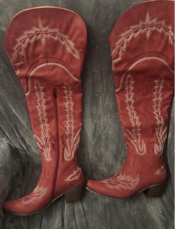 New red embroidery thigh high zipper pointed toe chunky low heel cowboy boots for women size 8