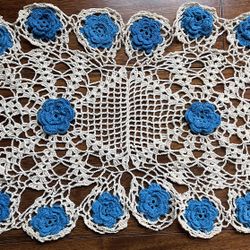 vintage Hand Made Beige On Turquoise Floral crocheted Lace doily. 26”x16”