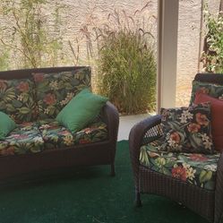 Rattan Couch and Two Chairs (with Cushions & Pillows) Ottoman ( without cushion)