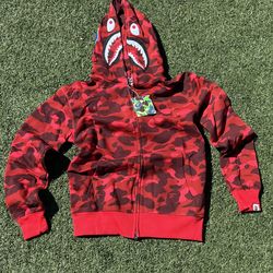 Red BAPE Shark Full Zip Hoodie size L - Clean condition 🔥