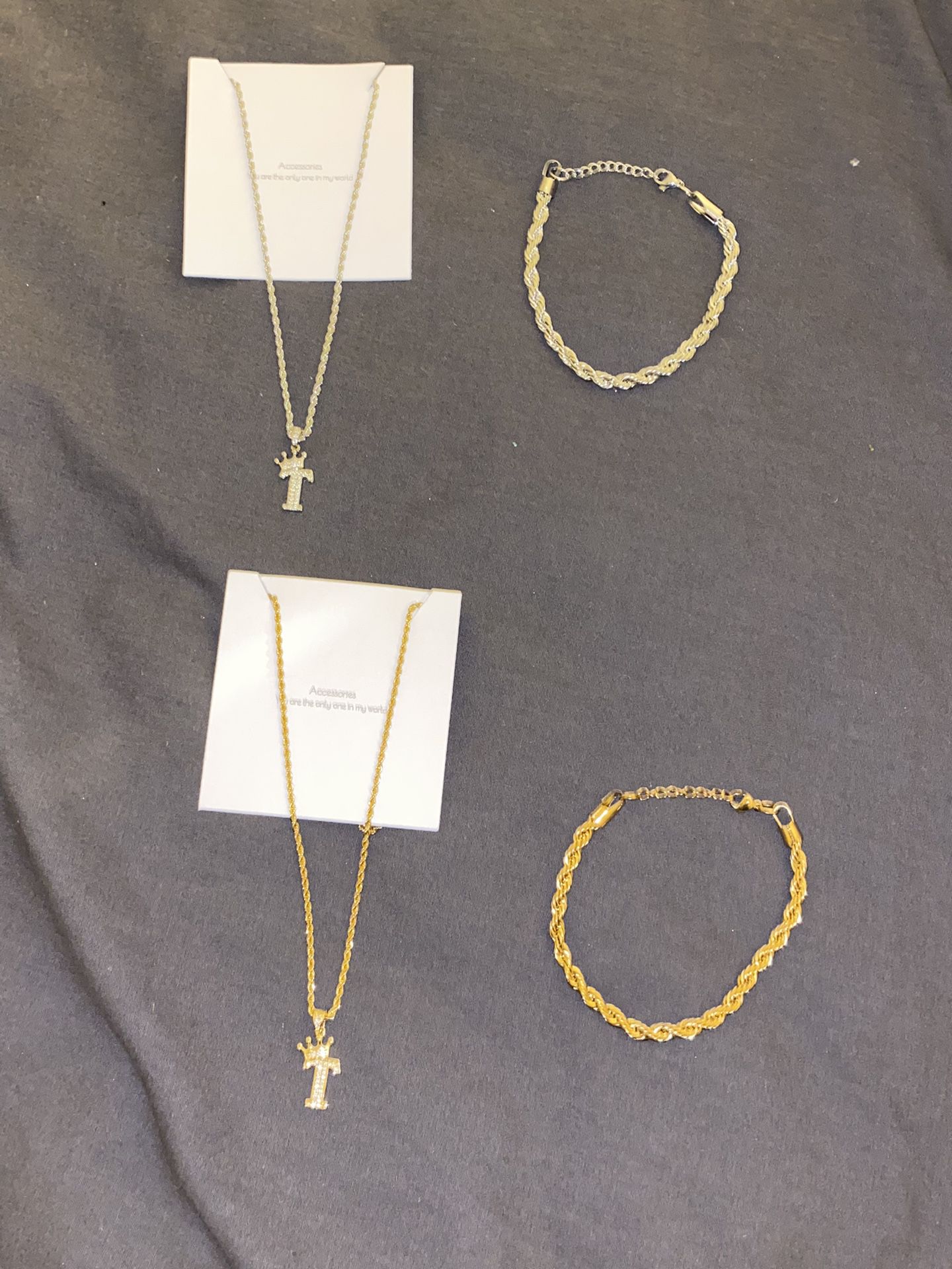 Initial “T” Silver & Gold Necklace & Bracelet Set