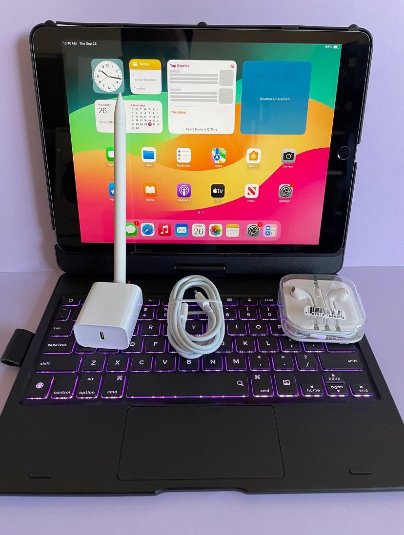 Apple IPad 9th Generation (10.2” Retina /Touch ID /IOS 18/ 2021 Model) 64GB with Pen, Keyboard & Accessories