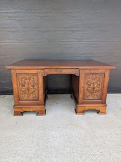 Beautiful Antique Carved Oak Pedestal Desk