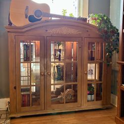 Glass Bookcase w/ Glass Shelves, Mirror Back, & CAM Lights - FREE DELIVERY