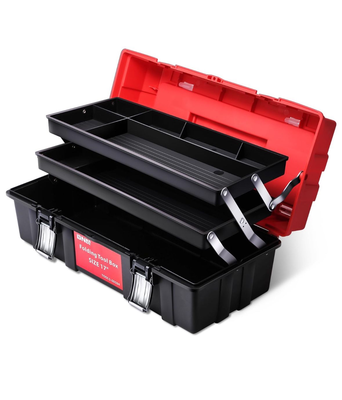 MOTORING 3-Layer Lockable Tool Box Plastic Portable Storage Folding Toolbox Tray Divider Tool Organizers, W/Handle, Red/Black, TOOLS-00504