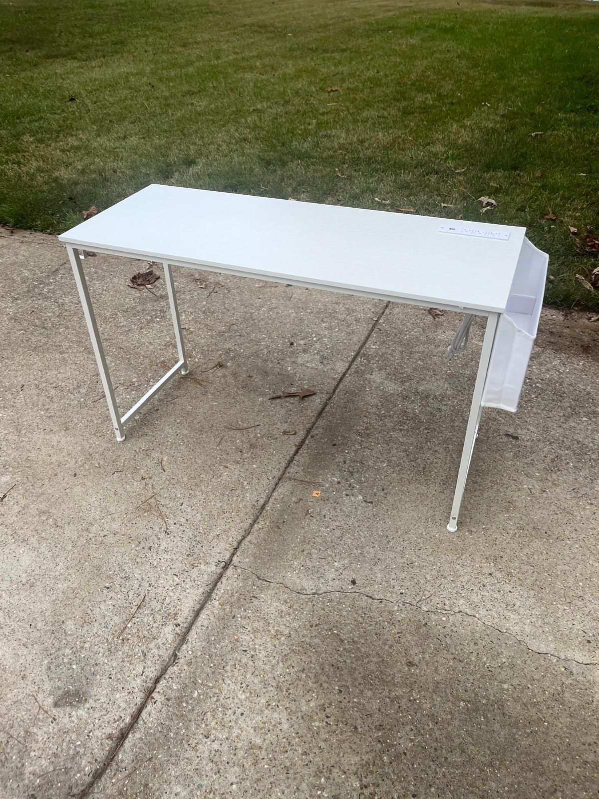 55.1in White Desk With Outlets And Storage Pockets