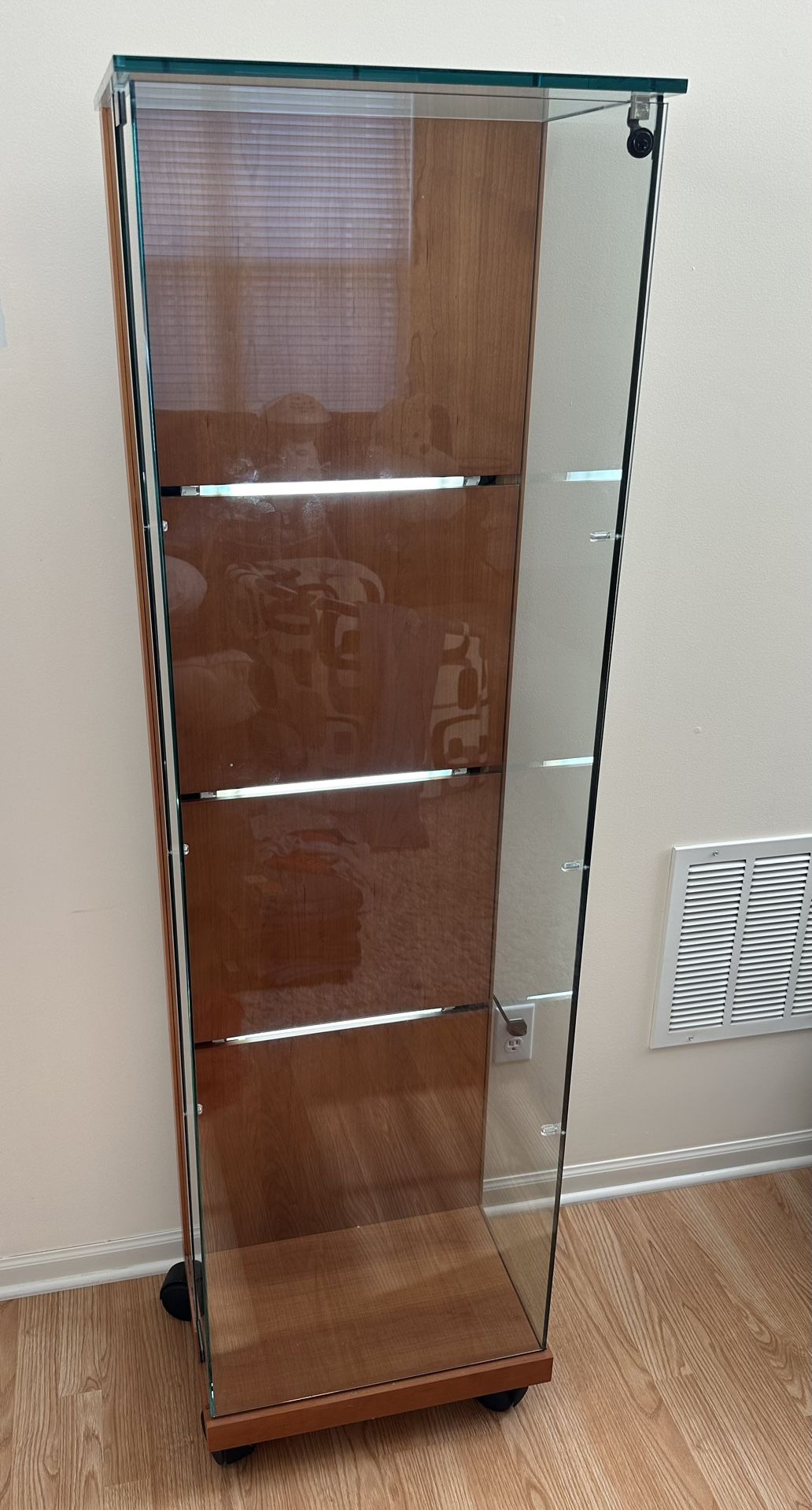 Glass Wood Display Showcase Cabinet with LED Light Wheels Lockable 3 Shelves
