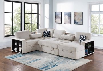 119” Ivory Sectional Sofa Bed With Storage Shelves, Sectionals, Sofa, Couch,Sectional Sofa With Storage, Sleeper Sofa. Sofabed, Sofa Bed, U Shaped Sec
