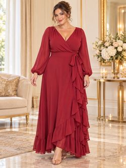 Red Chiffon Wrap Maxi Dress Long Sleeve