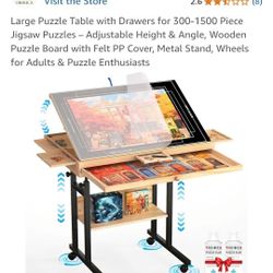 Large Puzzle Table with Drawers for 300-1500 Piece Jigsaw Puzzles – Adjustable Height & Angle, Wooden Puzzle Board with Felt PP Cover, Metal Stand, Wh