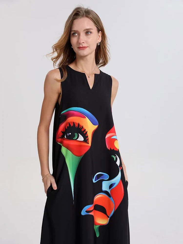 Colorful Abstract Figure Black Notched Neck Sleeveless Spring & Summer Women's Tank Dress