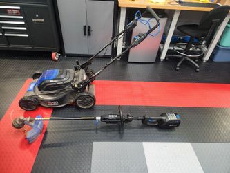 Kobalt weed eater and self propelled lawnmower 80 volt with bagger , 3 batteries and charger