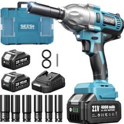 Seesii Impact Wrench 665 FT-LBS(900N.m) 3300IPM 1/2 Impact Gun High Torque Electric Impact Driver Cordless Impact Wrench with 21V 2x4.0Ah Battery 6 So
