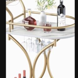 Bar Cart with Wheels Handle Rolling Home Bar Serving Carts 2 Tier Curved Anti-Collision Storage Small Trolley with Wine Rack and Glass Holder for Kitc
