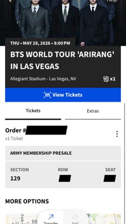 (1) ONE BTS Arirang Tour 2026 Ticket Las Vegas LV Allegiant